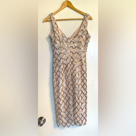 Boohoo Midi V Cut Neckline Thigh Split Sequin Cream Dress Women Petite Zero - Picture 7 of 14